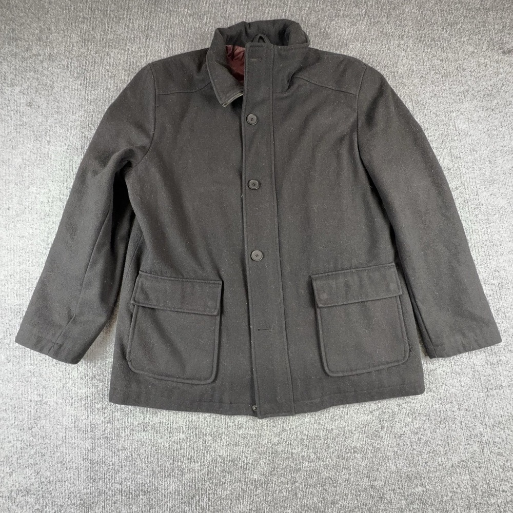 Pelle Studio Coat Mens XL Black Wool Quilted Lined Zip Front Mid Length Overcoat